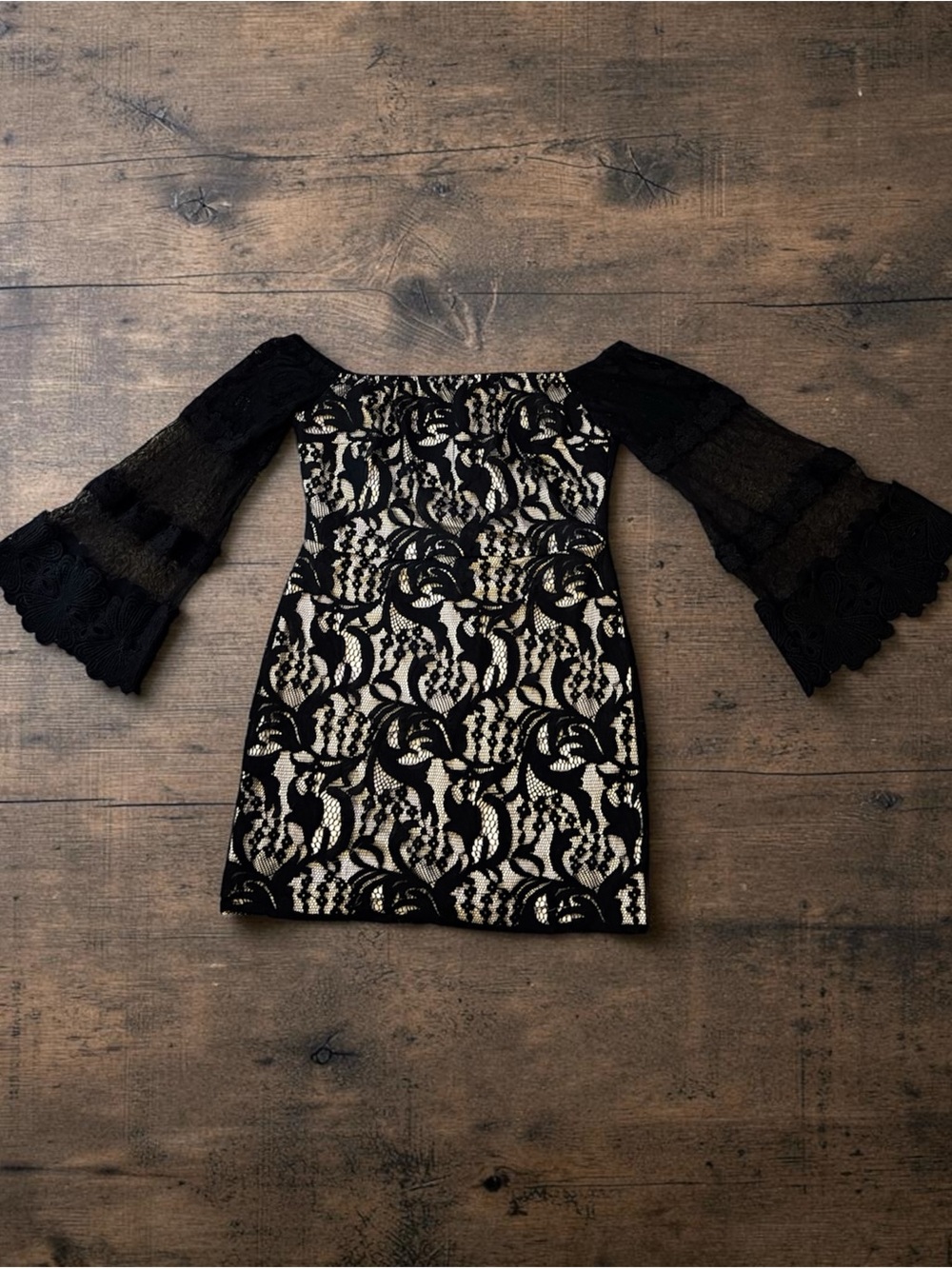 Black and Cream Lace Off Shoulder Dress